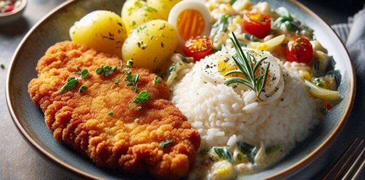 Ein Teller mit einem schon angerichteten Schnitzel und Beilagen