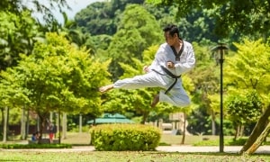 Kung-Fu-Kämpfer macht einen perfekten Sprung